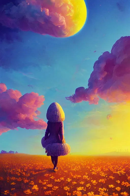 Image similar to giant corn flower head, girl walking on the moon, surreal photography, sunrise, dramatic light, impressionist painting, colorful clouds, digital painting, artstation, simon stalenhag