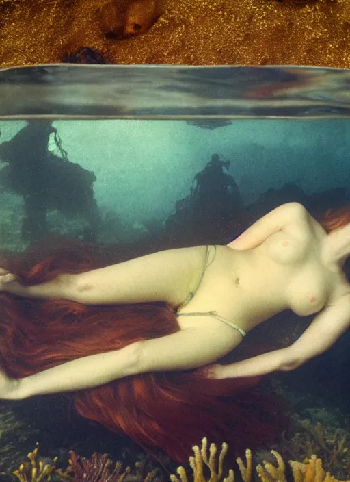 Prompt: under the sea on the seabed amongst the weeds, underwater shot, medium shot, on the bed of the river preraphaelite colour photography by rosetti, 8 k