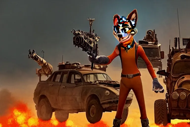 Image similar to nick wilde, heavily armed and armored facing down armageddon in a dark and gritty reboot from the makers of mad max : fury road : witness me