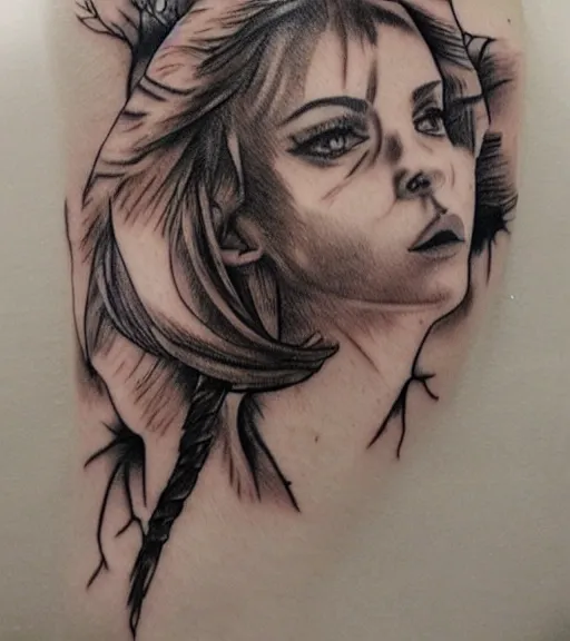 Image similar to realism tattoo sketch of liz katz face double exposure mountain scenery, in the style of matteo pasqualin, amazing detail, sharp, faded