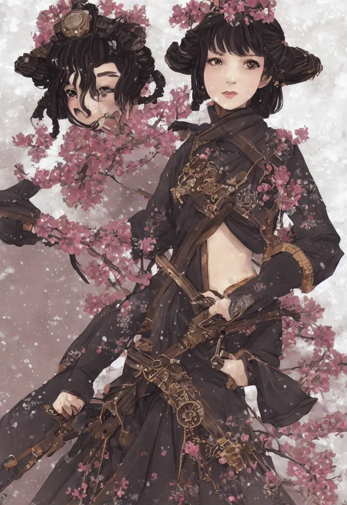 Image similar to detailed portrait of steampunk black girl samurai with tachi and cross bow combat pose in snow forest sakura cherry blossom swan hakama kimono trending on artstation elite, elegant, luxury, by krenz cushart, junji ito, perfect face, fine details, realistic shaded, fine - face, pretty face