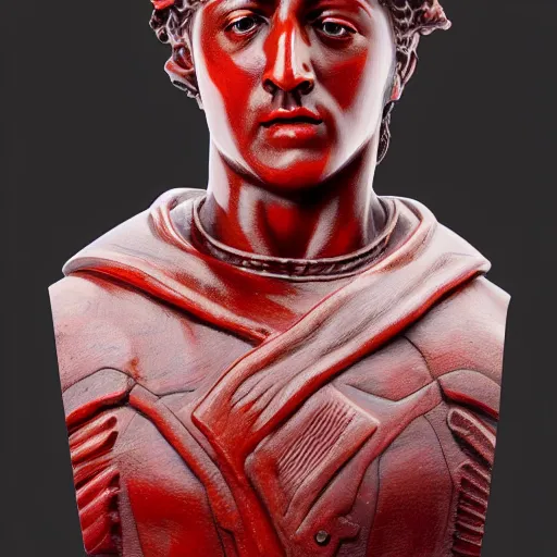 Image similar to museum young stallone portrait statue monument made from porcelain brush face hand painted with iron red dragons full - length very very detailed intricate symmetrical well proportioned