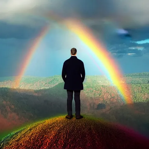 Image similar to a man standing on top of a hill under a rainbow, a matte painting by Gabriel Dawe, trending on pexels, psychedelic art, iridescent, sense of awe, psychedelic