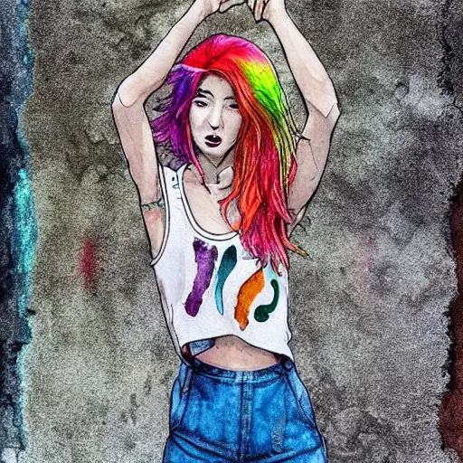 Prompt: a grungy pizza delivery woman with rainbow hair, soft eyes and narrow chin, dainty figure, long hair straight down, torn overalls, short shorts, combat boots, side boob, wet tshirt, raining, basic white background, symmetrical, watercolor, pen and ink, intricate line drawings, by Yoshitaka Amano, Ruan Jia, Kentaro Miura, Artgerm, detailed, trending on artstation, hd, masterpiece,