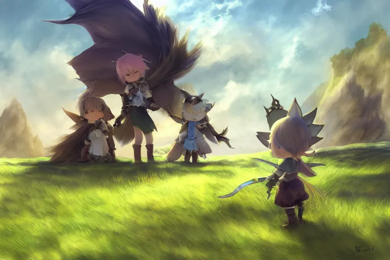 Prompt: Award-winning artstationhq, cloud fanart fantasy ff14 grass grassland sky finalfantasyxiv finalfantasy14 lalafell digitalart digitalillustration digitalpainting finalfantasy flag illustration pigeon sunnyday