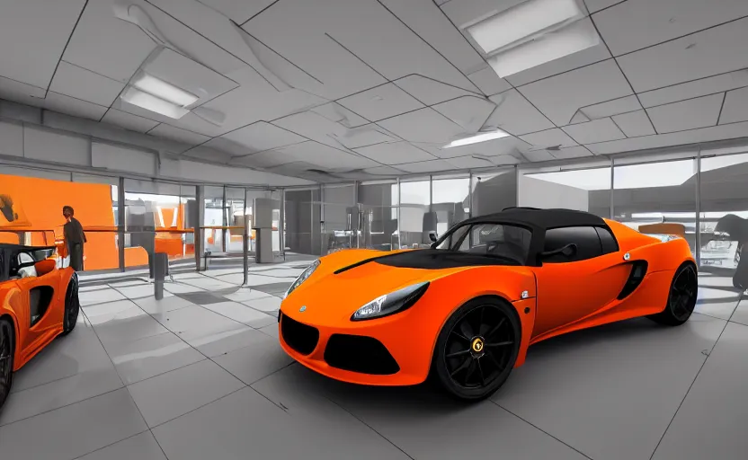 Image similar to futuristic lotus exige ( ( orange ) ) parked within interior view of futuristic auto showroom ( ( frank lloyd wright ) ) luminescent concept art, unreal engine 5, artstation highly detailed, digital art, 8 k hdr, soft lighting, hyperrealistic, godrays