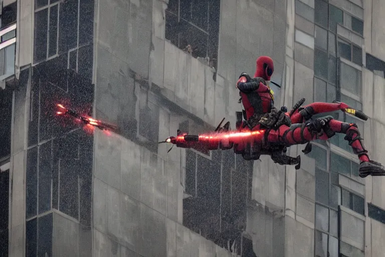 Image similar to militarily helicopter firing missiles and Deadpool leaps off smashes through high rise window, explosions, by Michael Bay