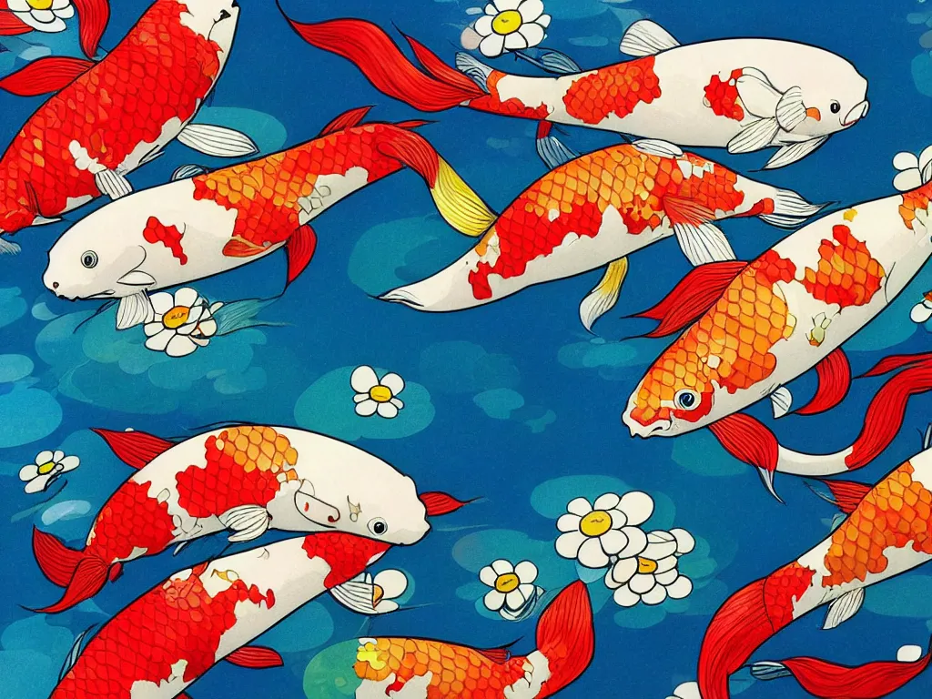 Image similar to colorful koi carp, illustration, concept art, colorful, beautiful, studio ghibli, takashi murakami, aoshima chiho, manga, cute and adorable