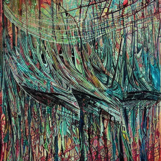 Image similar to by carne griffiths daring, melancholic. the conceptual art of a huge wave about to crash down on three small boats. the boats are filled with people, & they all look terrified.