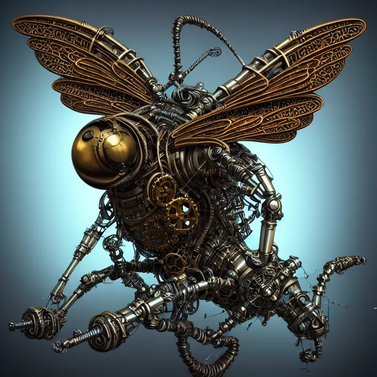 Image similar to steampunk cybernetic biomechanical bee with wings, 3 d model, very coherent symmetrical artwork, unreal engine realistic render, 8 k, micro detail, intricate, elegant, highly detailed, centered, digital painting, artstation, smooth, sharp focus, illustration, artgerm, tomasz alen kopera, wlop