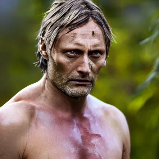 Image similar to Mads Mikkelsen as na'vi, mountains, close up, sharp focus