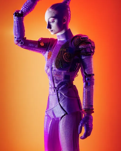 Image similar to full body shot of sophie turner dressed in orange purple futuristic cyberpunk clothing, soft diffused light, bjork aesthetic, translucent, by rineke dijkstra and artgerm, intricate details, highly detailed, masterpiece, 8 5 mm