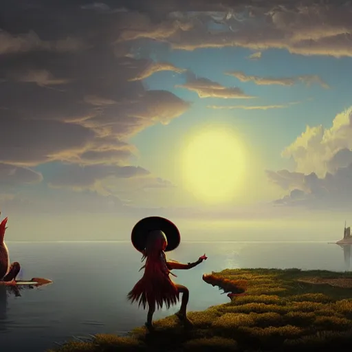Prompt: matte painting of a cool 🐔 with sun glasses and a mexican sombrero vaping on a lake by greg rutkowski, trending on artstation, surreal anime style