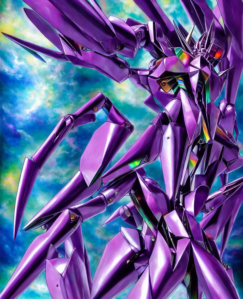 Image similar to realistic detailed image of ultra wrathful rainbow diamond iridescent mega eva 0 1 from neon genesis evagelion, depth perception, depth of field, action horror by ayami kojima, neo - gothic, gothic, part by adrian ghenie and gerhard richter. art by yoshitaka amano. masterpiece