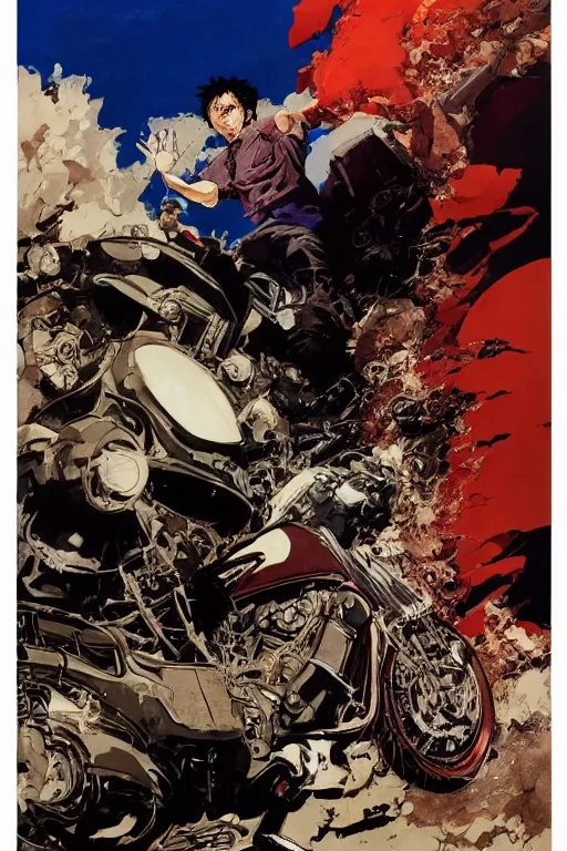 Image similar to full page detailed color illustration of tetsuo crashing his motorcycle into a the Esper Takashi, by Katsuhiro Otomo, Phil hale, Ashley wood, Ilya repin, frank frazetta, 8k, hd, high resolution print