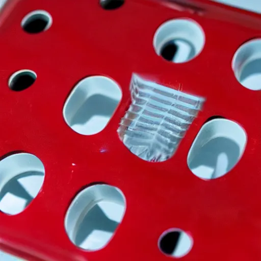 Image similar to bright red plastic computer punch card, many see - through holes in random places
