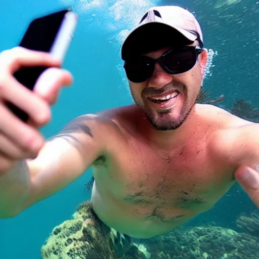 Image similar to a guy taking a selfie with tiger underwater