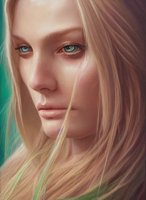 Prompt: a painting of a woman with long blonde hair and green eyes, a photorealistic painting by magali villeneuve, featured on cgsociety, fantasy art, detailed painting, photorealistic