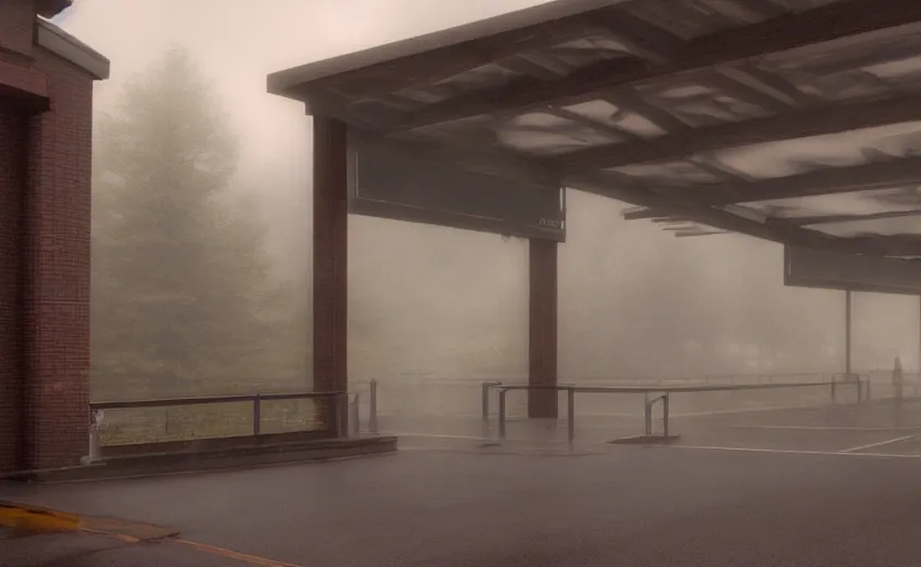 Prompt: a strange exterior of the port byron travel plaza in upstate new york, moody scene directed by charlie kaufman ( 2 0 0 1 ) anamorphic lenses, foggy volumetric light morning, cinematic trending on artstation in the style of greg rutkowski