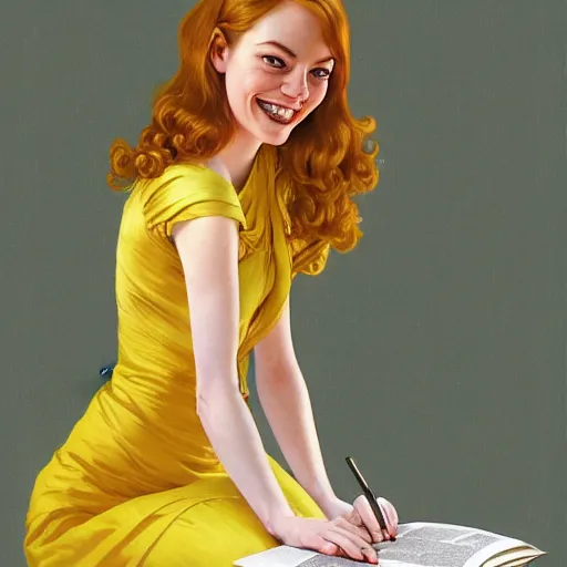 Image similar to a smiling emma stone wearing a yellow dress and reading a book, masterpiece, intricate, elegant, highly detailed, digital painting, artstation, concept art, smooth, sharp focus, illustration, art by artgerm and greg rutkowski and alphonse mucha and uang guangjian and gil elvgren and sachin teng, symmetry!!
