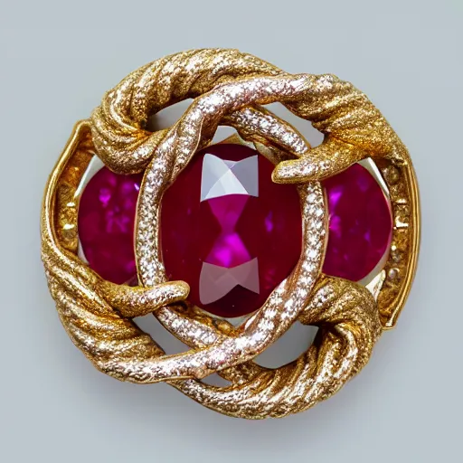 Prompt: ornate gold ouroboros ruby sparkling jewelry macro product photo