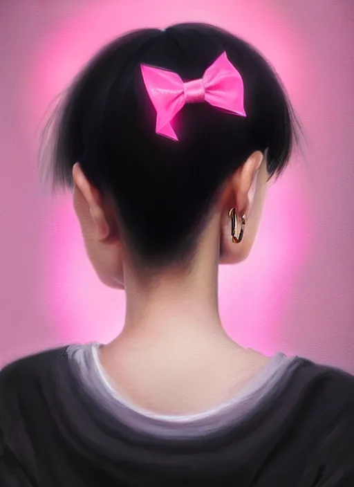 Image similar to portrait of teenage girl, realistic, black hair, bangs, half updo hairstyle, pointy nose, skinny, smile, ugly, defined jawline, big chin, pink hair bow, earrings, intricate, elegant, glowing lights, highly detailed, digital painting, artstation, sharp focus, illustration, art by wlop, mars ravelo and greg rutkowski