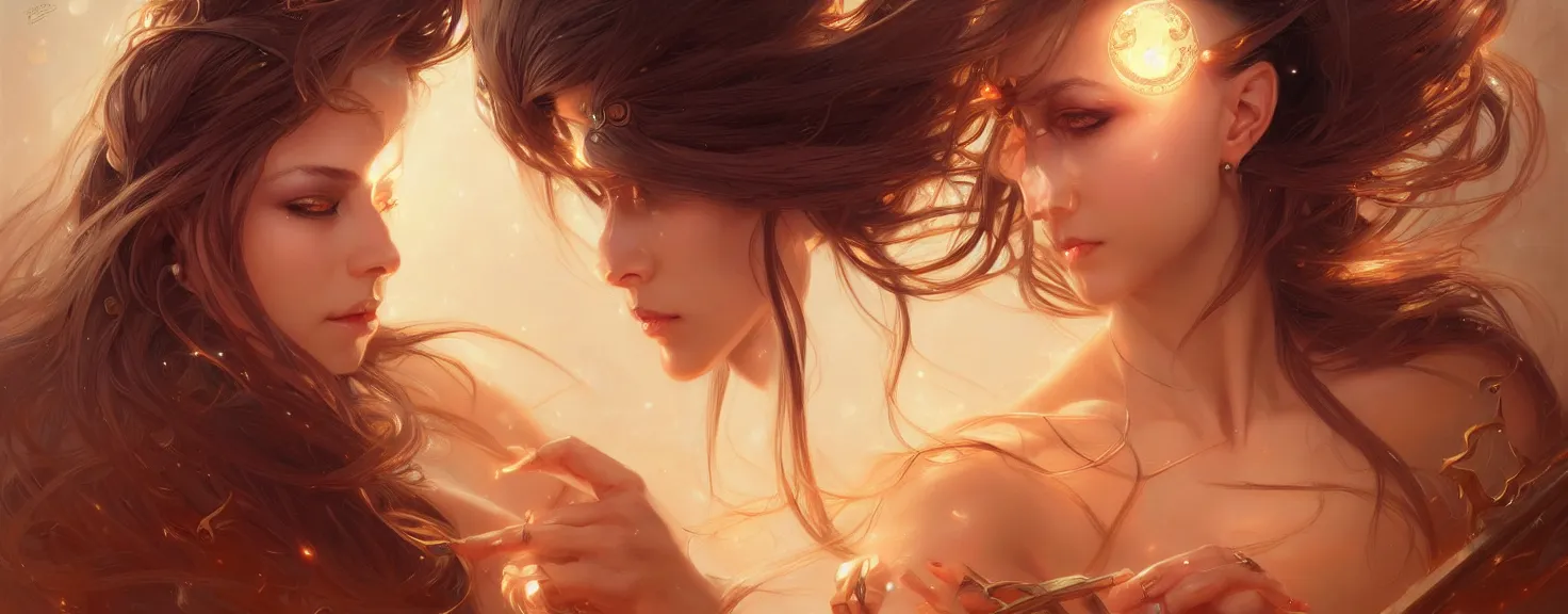 Image similar to fantasy magic woman portrait, sci-fi, amber eyes, face, long hair, fantasy, intricate, elegant, highly detailed, digital painting, artstation, concept art, smooth, sharp focus, illustration, art by artgerm and greg rutkowski and alphonse mucha