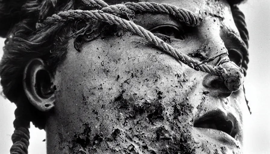 Prompt: 1 9 7 0 s movie still close - up of marcus atilius regulus'face tied with ropes at a pole with large - open bleeding eyes looking at the burning sun, cinestill 8 0 0 t 3 5 mm b & w, high quality, heavy grain, high detail, texture, dramatic light, anamorphic, hyperrealistic, detailed hair