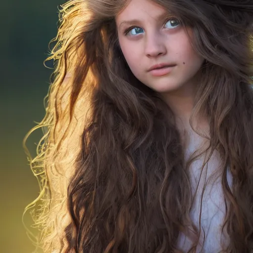 Prompt: a portrait of a young girl with wavey long hair, there is a bird on her head, there's flowers everywhere, very beautiful ambient light with sun rays hitting her hair, 8k photography,