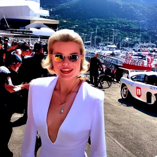 Image similar to selfie smartphone photo of a young Grace Kelly at the 2022 Monaco Gran Prix, F1 cars blurred in background, iphone photo, iPhone 12 camera, lens flares, smartphone resolution, high resolution