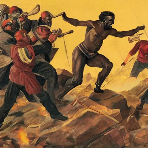 Image similar to black person with golden mace in hands fighting lenin in mountains, photorealistic