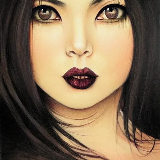 Prompt: a painting of mexican woman, with long dark hair, thick eyebrows, dark eyes and dark circles wide nose, big eyes, oval face, big cheeks holding her cat, photorealistic painting by tran nguyen ilya kuvshinov and greg rutkowski featured on deviantart, gothic art, goth, gothic, detailed painting