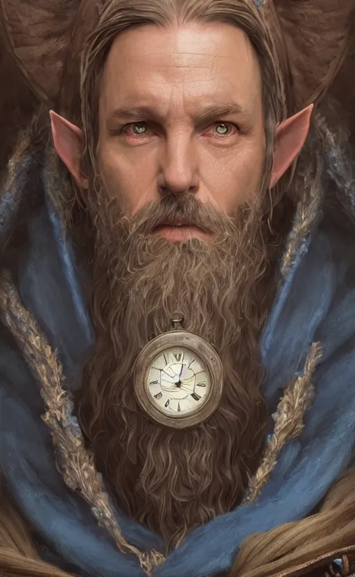 Image similar to portrait of a middle aged elf with a long beard, dressed in a blue cloak with clock iconography, brown hair, raised hand, detailed face, fantasy, highly detailed, cinematic lighting, digital art painting by greg rutkowski