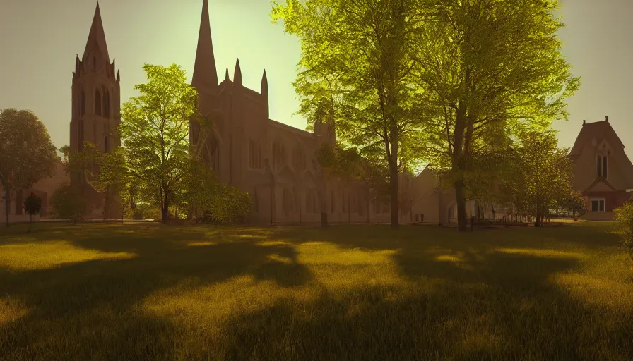 Image similar to neo - gothic midwest town, church, green square, volumetric light, sunny day, hyperdetailed, artstation, cgsociety, 8 k