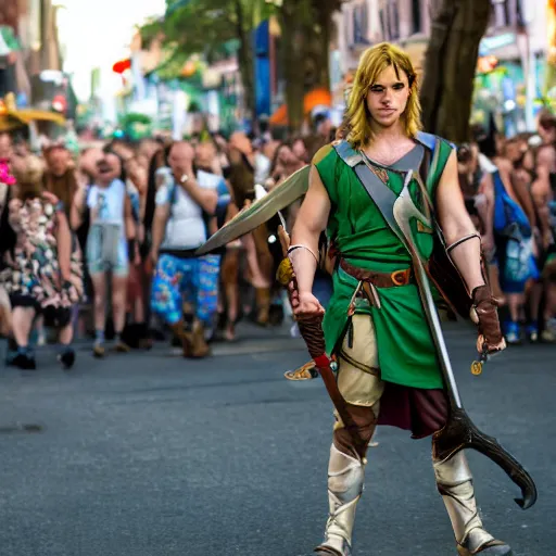 Prompt: Link showing his sword at Christopher Street Day, cinematic, photorealistic, 4K