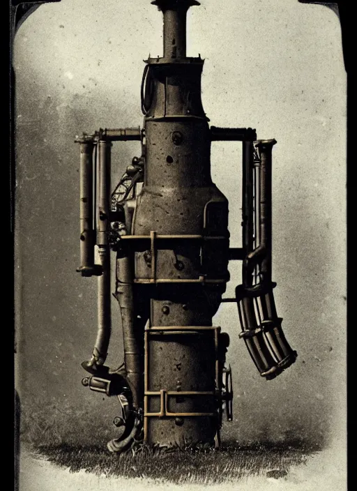 Image similar to 1 8 8 5 photo of a steampowered riveted turret from portal 2, daguerrotype, high quality