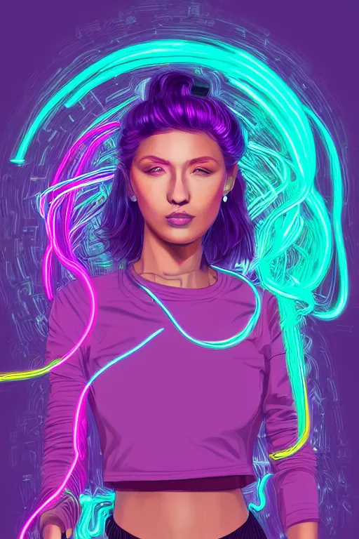 Image similar to a award winning half body portrait of a beautiful woman in a croptop and cargo pants with ombre purple pink teal hairstyle and hands in pockets by ari liloan, surrounded by whirling illuminated lines, outrun, vaporware, shaded flat illustration, digital art, trending on artstation, highly detailed, fine detail, intricate