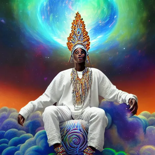 Prompt: obatala the cosmic god sitting on a throne of nebula clouds, by Adi granov and afarin sajedi in a psychedelic portrait style, ultrarealistic matte painting, volumetric lighting, piercing eyes, highly detailed face, orisha, 8k, hd