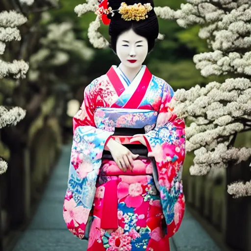 Image similar to Photo of Japanese geisha with a beautiful kimono, traditional kyoto, slim waist, large chest, flowers in hair, sunny day, high detail,