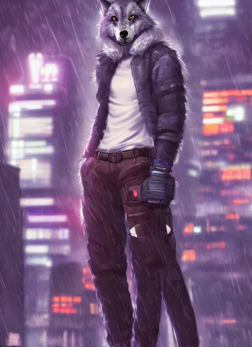 Image similar to character portrait of a male anthro wolf fursona with a tail and a cute beautiful attractive furry face wearing stylish cyberpunk clothes in a cyberpunk city at night while it rains. hidari, color page, tankoban, 4K, tone mapping, Akihiko Yoshida.