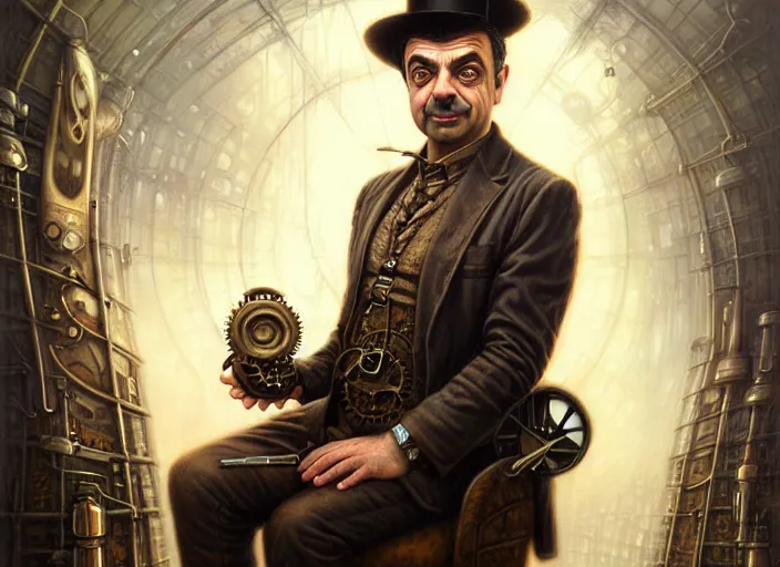 Prompt: steampunk portrait of rowan sebastian atkinson, fractal background, by tomasz alen kopera and peter mohrbacher