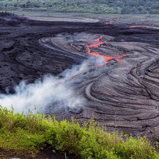 Prompt: a panoramic landscape with a stream of lava flowing down the valley. From the hills many KFC buckets on sticks are poking out on different angles