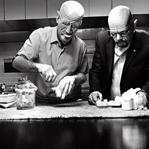 Image similar to “Very photorealistic screenshot of Joe Biden and Walter White cooking drugs in an episode of Breaking Bad, atmospheric lighting, award-winning”