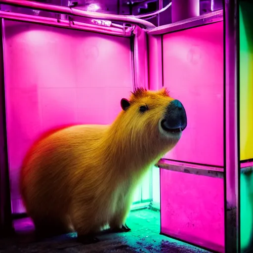 Prompt: capybara drinking bubble tea in cyberpunk, neon, pink and cyan seoul, detailed, street photography