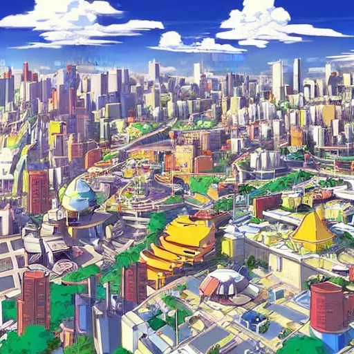 Image similar to futuristic city on a mountainside, red - yellow - blue buildings, city, city on mountainside, clouds around buildings, cel - shaded, raytracing, cel - shading, toon - shading, 2 0 0 1 anime, flcl, jet set radio future, drawn by artgerm