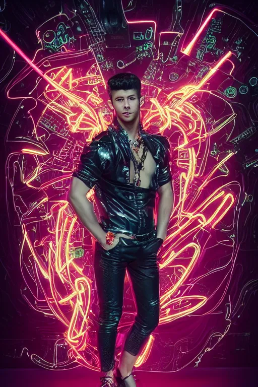 Prompt: full-body bladerunner neon rococo style sculpture of a handsome Spanish Nick Jonas as a half cibernetic android with a chest opening exposing circuitry and electric sparks, glowing laser beam eyes, crown of giant diamonds, flowing neon-colored silk, fabric, raptors. intricate artwork by caravaggio. Trending on artstation, industrial lighting , photorealistic, octane render, 8k, depth of field, 3D