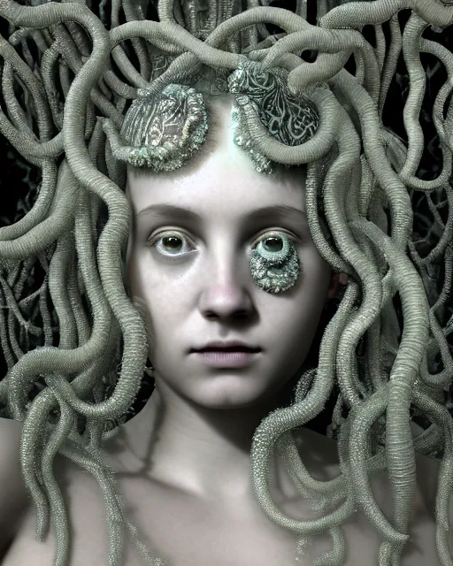 Image similar to surreal mythical dreamy underwater artistic bw 3 d render of a translucent beautiful young female angelic - medusa - vegetal - cyborg covered with fish scales and algae, highly detailed, intricate crystal ivy jelly fish scales ornate, poetic, octane render, 8 k, photo - realistic, by diane arbus in the style of gustave dore and pre - raphaelites