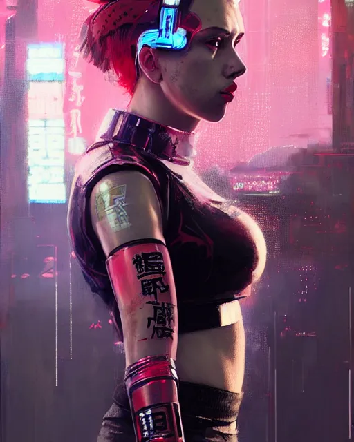 Image similar to detailed portrait Scarlett Johansson, cyberpunk futuristic neon, reflective crop top and shorts, boxing gloves, decorated with traditional Japanese ornaments by Ismail inceoglu dragan bibin hans thoma greg rutkowski Alexandros Pyromallis Nekro Rene Maritte Illustrated, Perfect face, fine details, realistic shaded, fine-face, pretty face