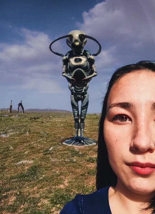Image similar to front camera instagram selfie of a woman who is stood infront of an alien invasion of the earth, highly detailed, 4k