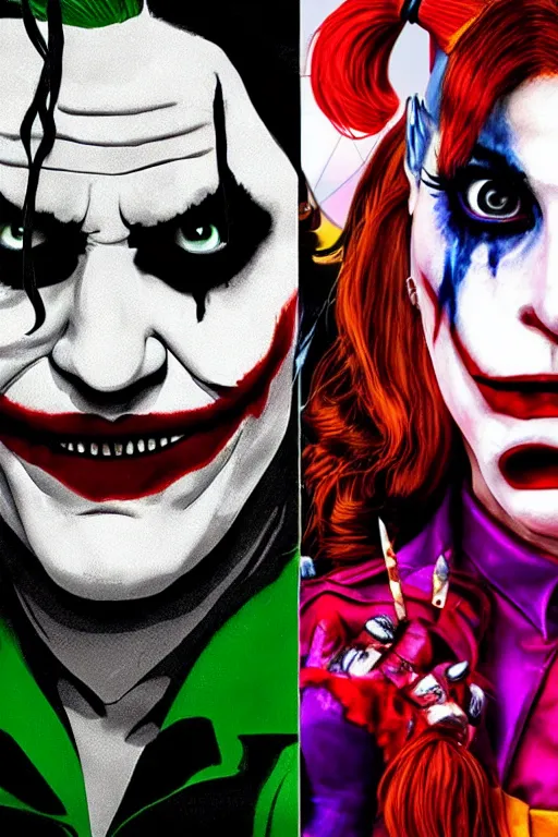 Image similar to joaquin phoenix as joker and lady gaga as harley quinn, remove duplicate content!!!!, violet polsangi pop art, gta chinatown wars art style, bioshock infinite art style, incrinate, realistic anatomy, hyperrealistic, two colors, white frame, content balance proportion